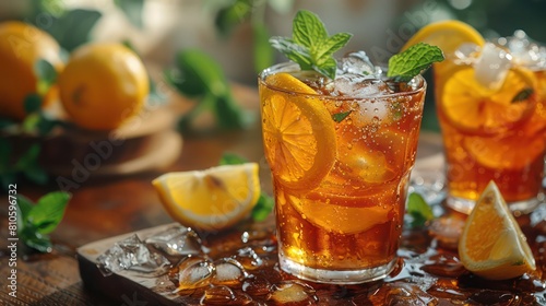 Tall glass of iced tea with lemon slices and mint leaves, showing condensation on the outside, creating an appealing and cooling drink.