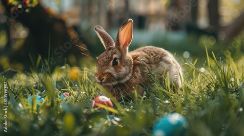 a little bunny in a grass with easter eggs  © Sor