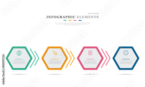 Business infographic hexagon with four shape options Process or steps for presenting Workflow layouts, banners, and web design Business concept with 4 options, steps, parts.
