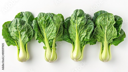 Four heads of bok choy, a leafy green vegetable, on a white background.