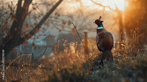 a pheasant, in a village, cinematic scene, smooth light, real photography fujifilm superia,   photo