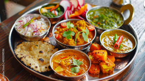 Assorted Indian dishes served in metal bowls, featuring curries, rice, and chapati