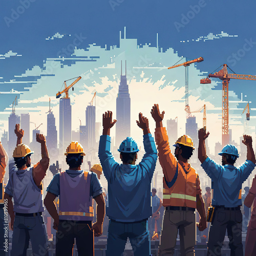 Group of construction workers on construction site. Engineering and architecture concept. photo