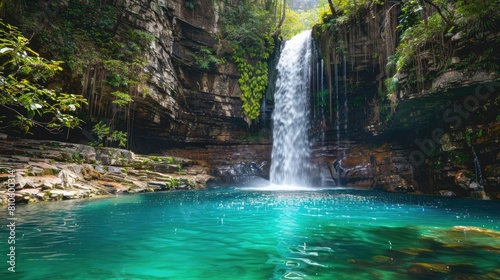 A majestic waterfall plunging into a turquoise pool surrounded by lush greenery.