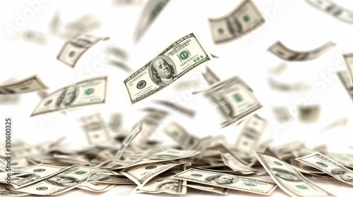 Cash in motion: an array of currency notes fluttering gracefully against a pristine white backdrop