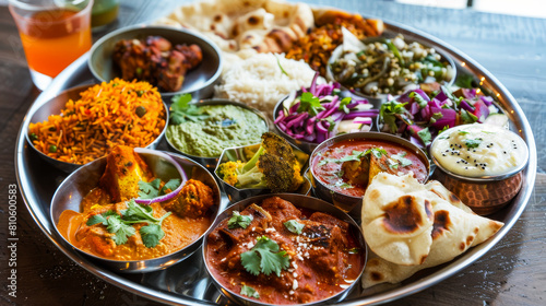A traditional Indian thali filled with a variety of colorful  spiced dishes
