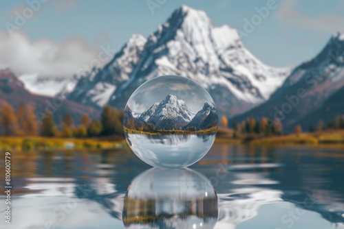 A majestic mountain peak towering over a mirrored lake, its reflection captured within the lens ball, creating a surreal landscape. © Ibraheem