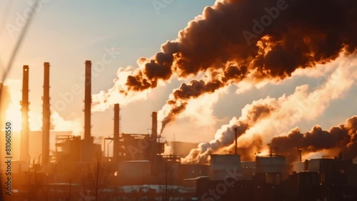 Factory's emission of harmful smoke leads to environmental pollution. Concept Air Pollution, Industrial Emissions, Environmental Degradation photo