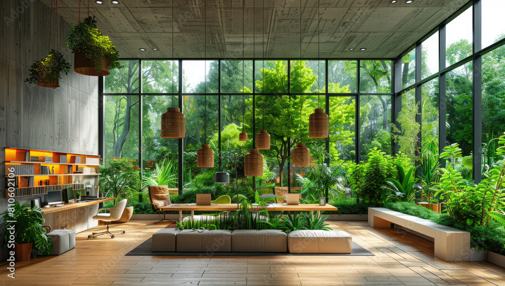 A modern industrialstyle interior with large windows, wooden floors and desks, surrounded by green plants and a warm atmosphere. Created with Ai