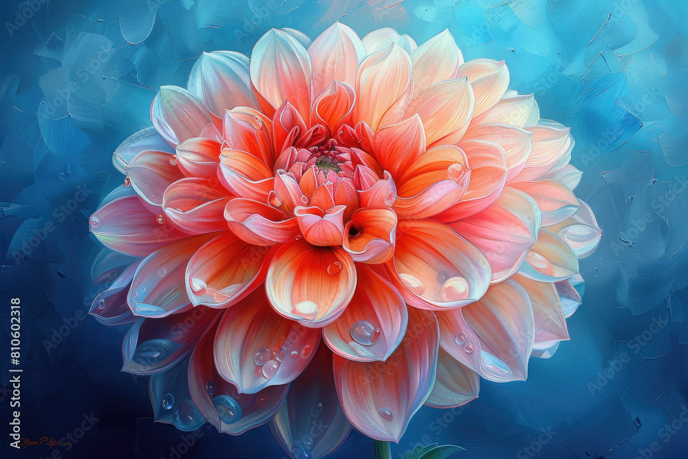 A large orange dahlia flower with swirls and detailed petals, centered on an abstract background of soft blue tones. Created with Ai