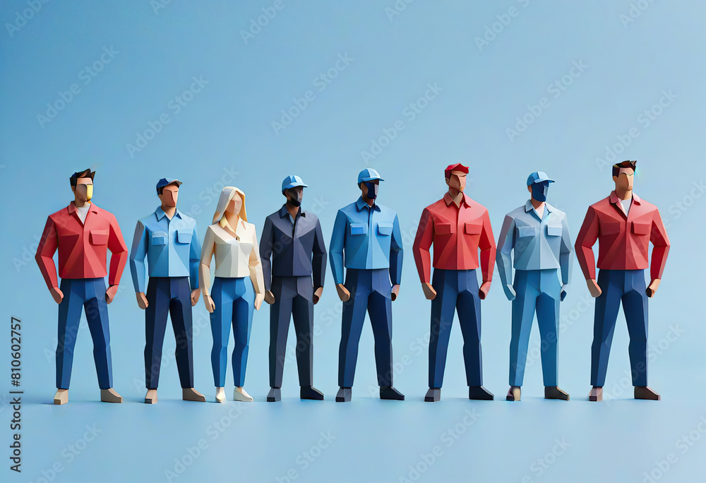 Obraz premium Group of people in uniform on blue background. 3D rendering.