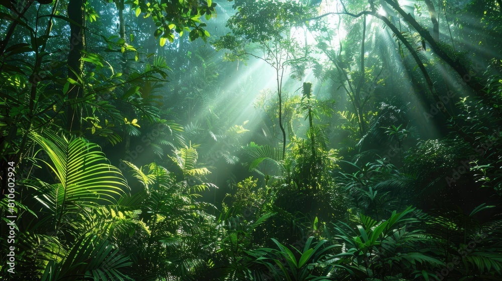A lush green forest with sunlight filtering through the canopy, highlighting a vibrant ecosystem.