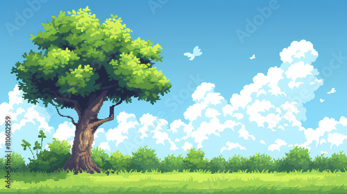 Pixel Style Big Tree on Green Field