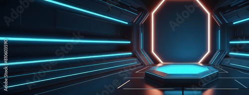 3d rendering illustration modern futuristic podium stage platform with neon lighting and black background for premium produt business technology.ai generated photo