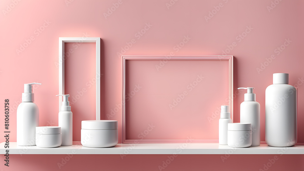 a shelf with a picture frame, bottles and a lot of soap a shelf with a picture frame, bottles and a lot of soap