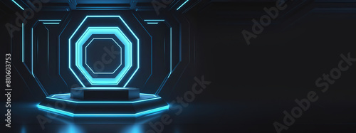 3d rendering illustration modern futuristic podium stage platform with neon lighting and black background for premium produt business technology.ai generated photo