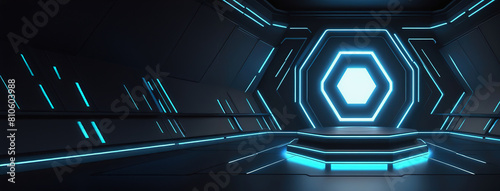 3d rendering illustration modern futuristic podium stage platform with neon lighting and black background for premium produt business technology.ai generated photo