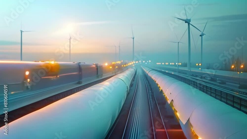 Industrial pipeline systems transporting hydrogen and gas with wind turbines in the background. Concept Industrial infrastructure, Energy transport, Hydrogen pipeline, Gas distribution photo