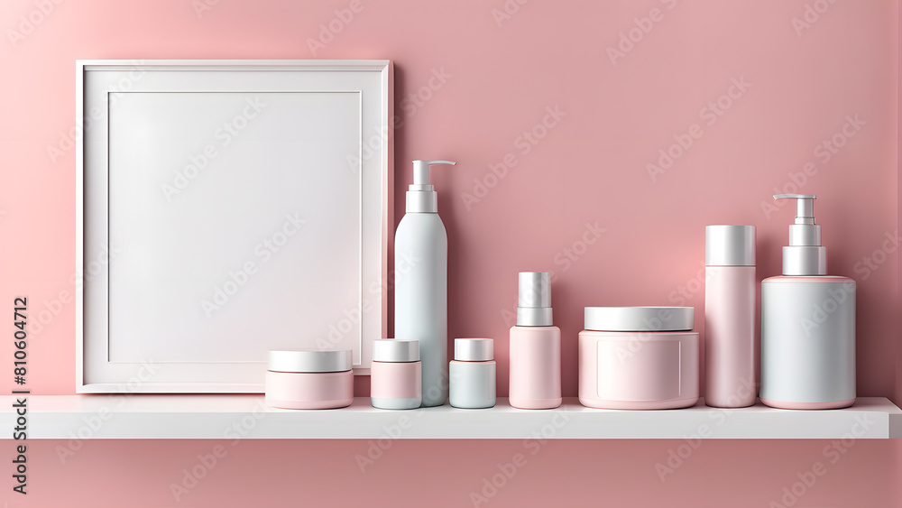 a shelf with a picture frame, bottles and a bottle a shelf with a picture frame, bottles and a bottle
