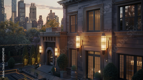 Observe an urban manor from afar, its facade adorned with cylindrical outdoor wall sconces, adding a touch of sophistication to the cityscape.