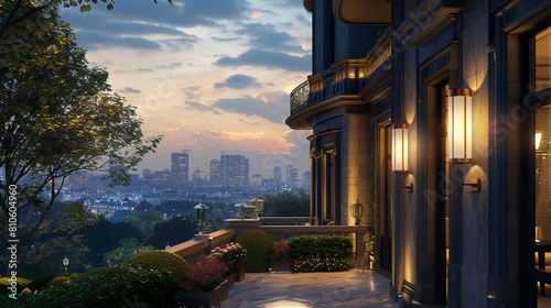 Observe an urban manor from afar, its facade adorned with cylindrical outdoor wall sconces, adding a touch of sophistication to the cityscape. photo
