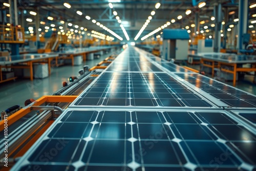 A factory floor with a large number of solar panels with free space for text © TEERAPAT