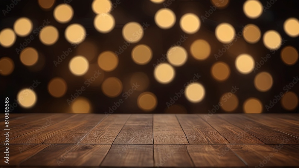 Empty Wooden Floor or Table with Abstract Night Light Bokeh Background: Generative AI. Empty Wooden Floor or Table with Abstract Night Light Bokeh Background: Generative AI.