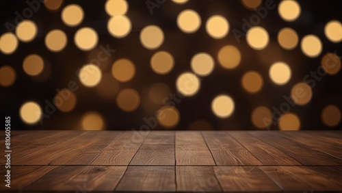 Empty Wooden Floor or Table with Abstract Night Light Bokeh Background: Generative AI.