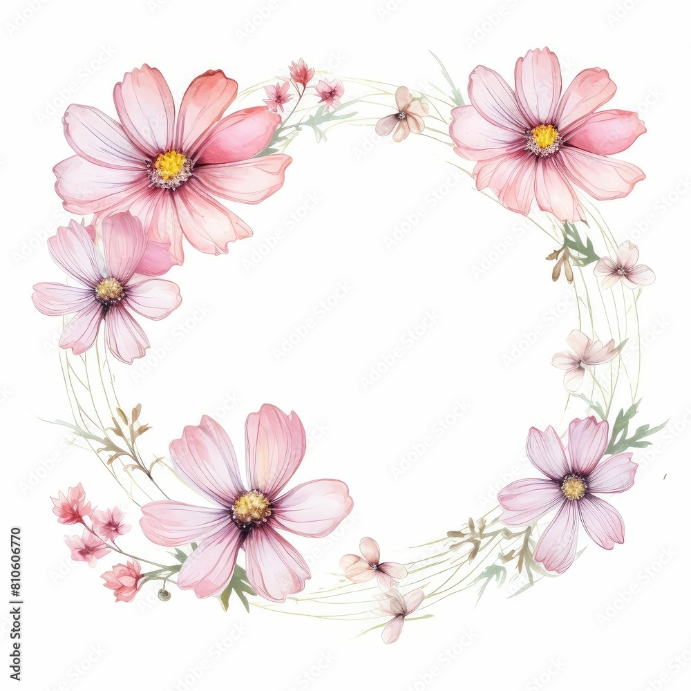 cosmos themed frame or border for photos and text. delicate pink and white. watercolor illustration, Floral wedding invitation template.