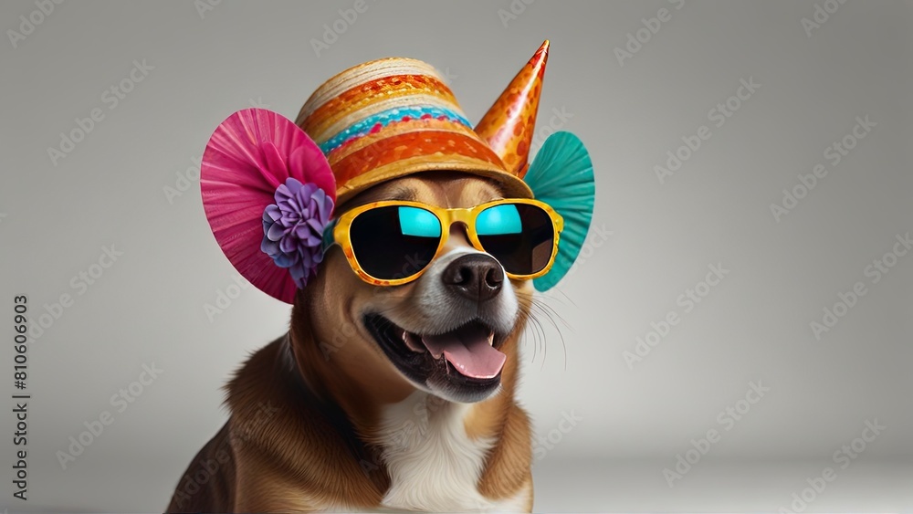 Funny Party Dog in Colorful Hat and Stylish Sunglasses: AI Generated Image.