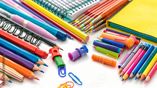 Stationery supplies on white background