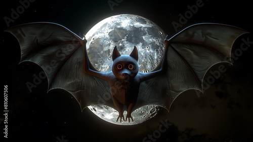 3D of cartoon bat flying on moon backgrounds.