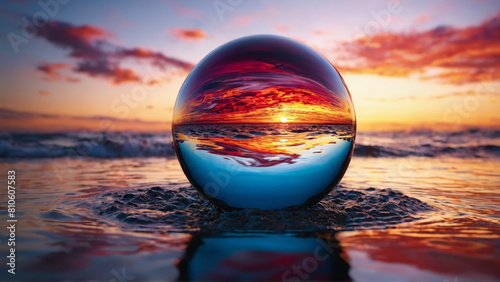 Merlot sphere submerging in tranquil marine mirror smoldering sunset clouds artfully minimalistic marketing pic Abstract background