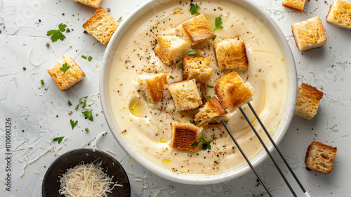 Sticks with croutons dipped into cheese fondue on ligh