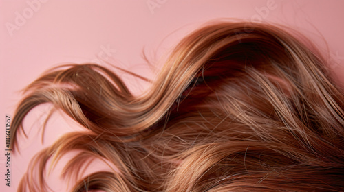 Strands of brown hair on color background closeup
