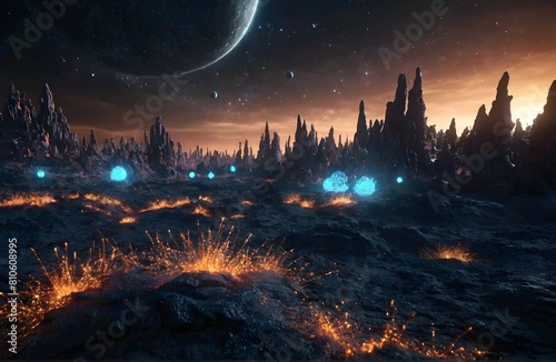 abstract Glowing particle Sparkles on alien planet landscape forest 3d rendering v3