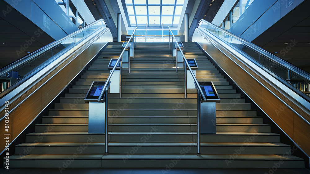 Public library features a sleek staircase surrounded by digital access points. Public library features a sleek staircase surrounded by digital access points.