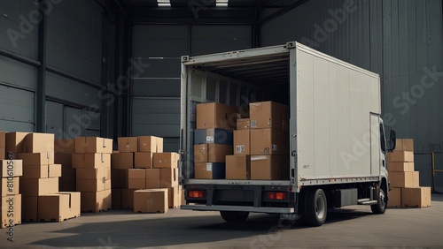 Efficient Delivery: Boxes Packed and Loaded onto Large Truck, Generative AI.