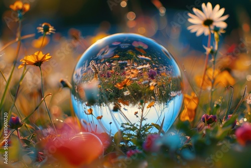 A field of wildflowers swaying gently in the wind, their beauty magnified within the lens ball.