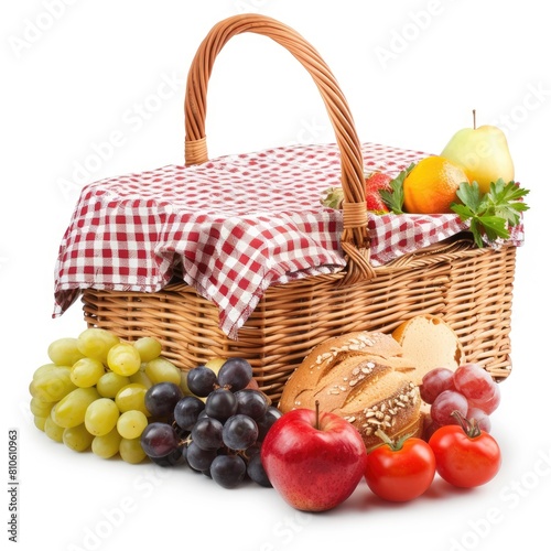 Delicious picnic food and fruit in front of a picnic basket isolated on white background  