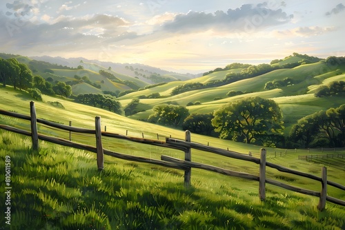 Serene Countryside Landscape with Rolling Hills and Lush Verdant Meadows,Weathered Wooden Fence,and Impressionist Painting-Inspired Lighting