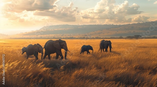 A family of elephants walking majestically across a vast savanna, emphasizing the importance of wildlife conservation. © Ibraheem