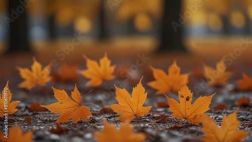 Autumn Maple Leaves: Vibrant Orange Carpet with Ethereal Bokeh Effect.