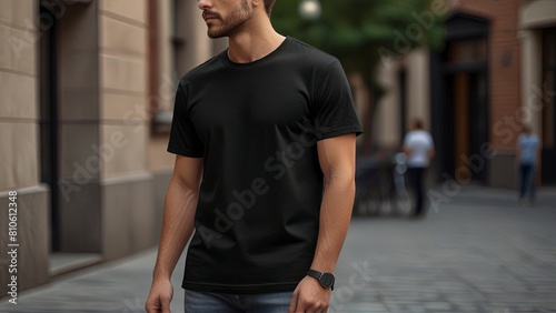 Young Model Shirt Mockup: Boy Wearing Black T-Shirt in Daylight.