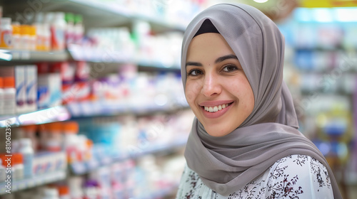 Female Pharmacist wearing Hijab at Pharmacy Professional woman with headscarf concept ideal for health care concept