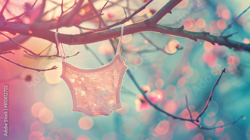Stylish female panties hanging on tree branch against photo