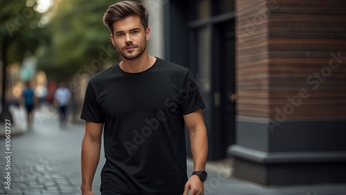 Young Model Shirt Mockup: Boy Wearing Black T-Shirt in Daylight.