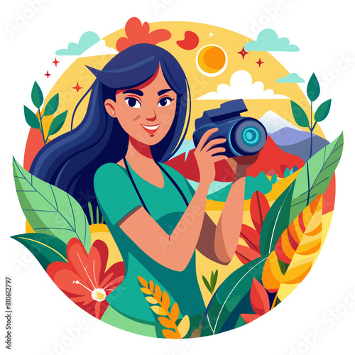 Beautiful Girl photographer with camera colorful watercolor illustration