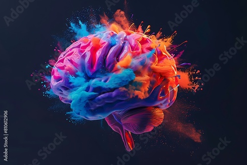 a vibrant and artistic representation of a human brain with a blast of colored powder