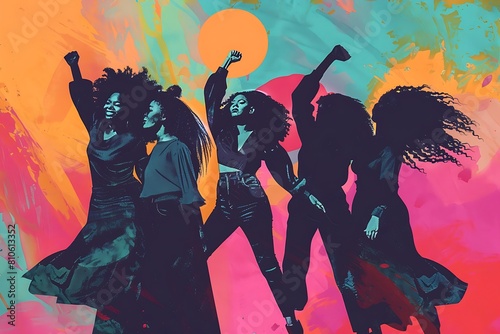a vibrant illustration of a group of diverse women, with flowing hair and raised fists, symbolizing empowerment and solidarity photo